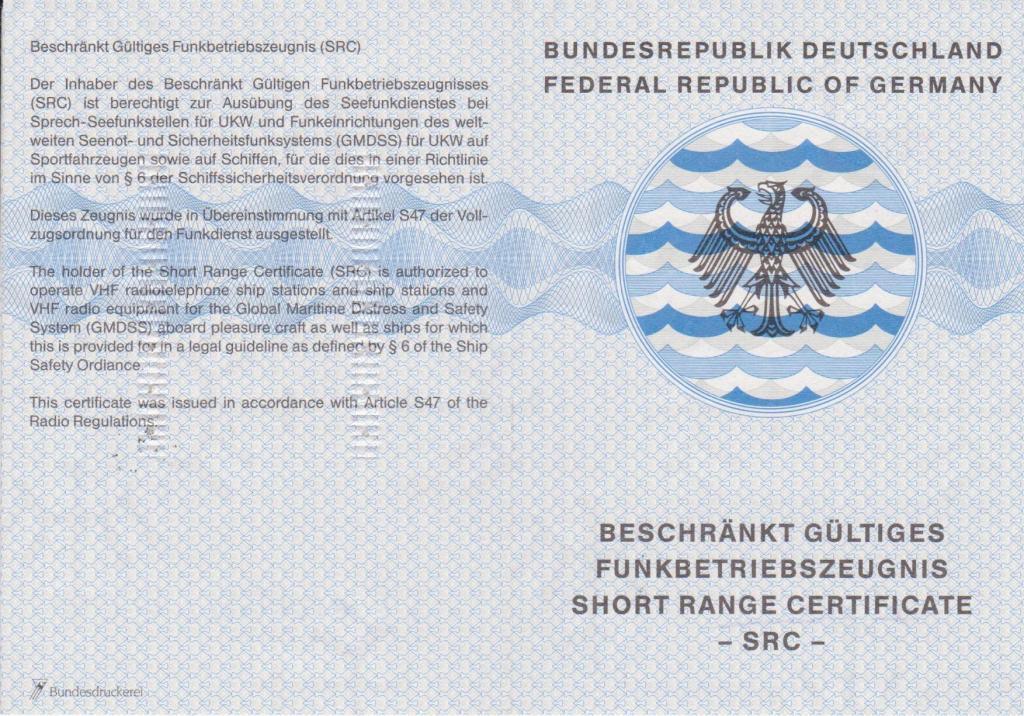 das "echte" SRC Seefunkzeugnis mit Adler - Radio Offshore