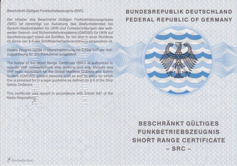 das "echte" SRC Seefunkzeugnis mit Adler - Radio Offshore