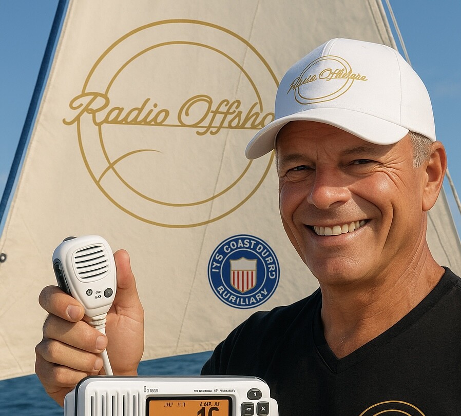 Peter Wörner von Radio Offshore mit Funkgerät vor Segel