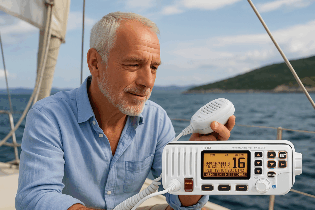 Erfahrener Segler mit UKW-Funkgerät bei einer praktischen Ausbildung auf See - Radio Offshore