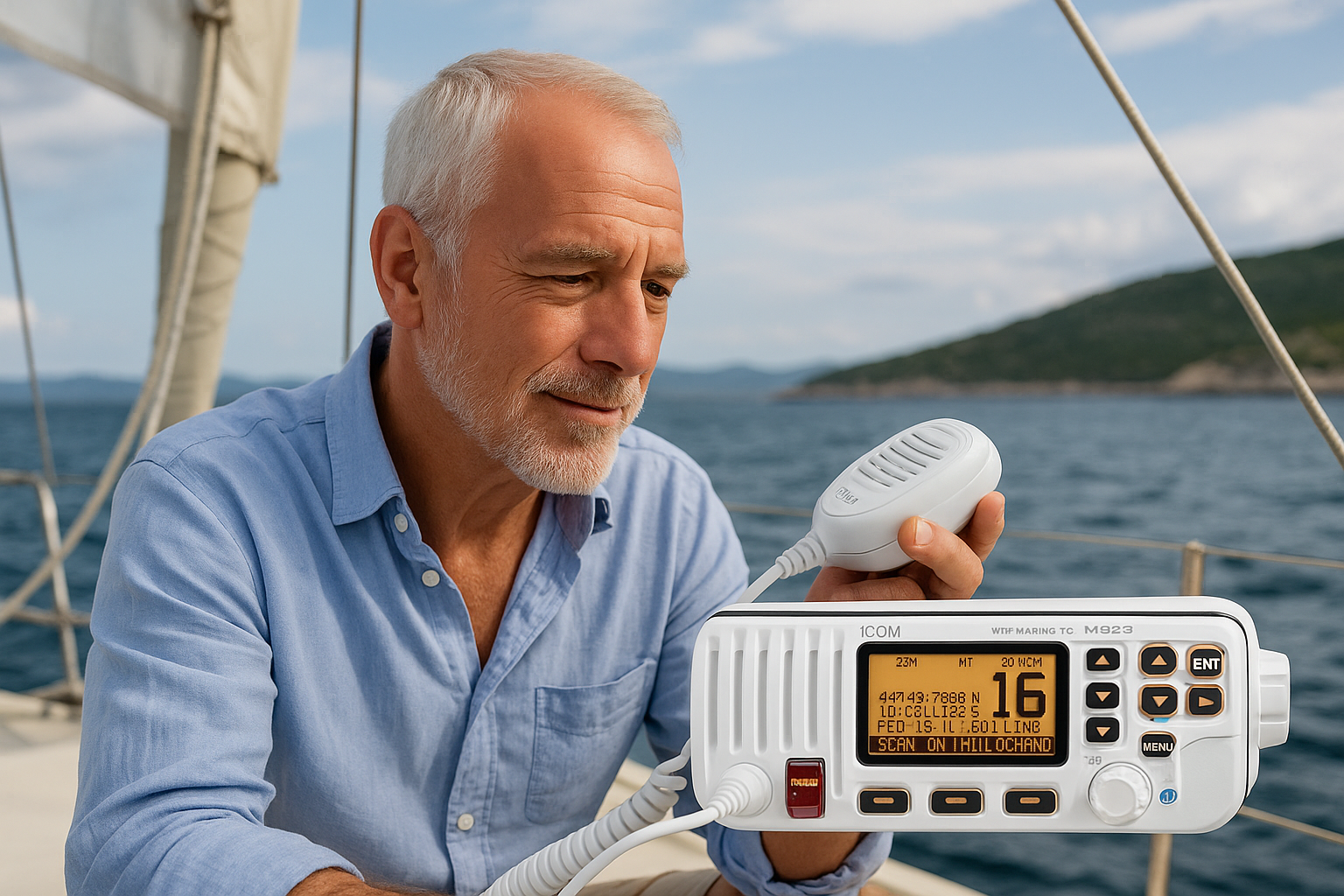 Erfahrener Segler mit UKW-Funkgerät bei einer praktischen Ausbildung auf See - Radio Offshore