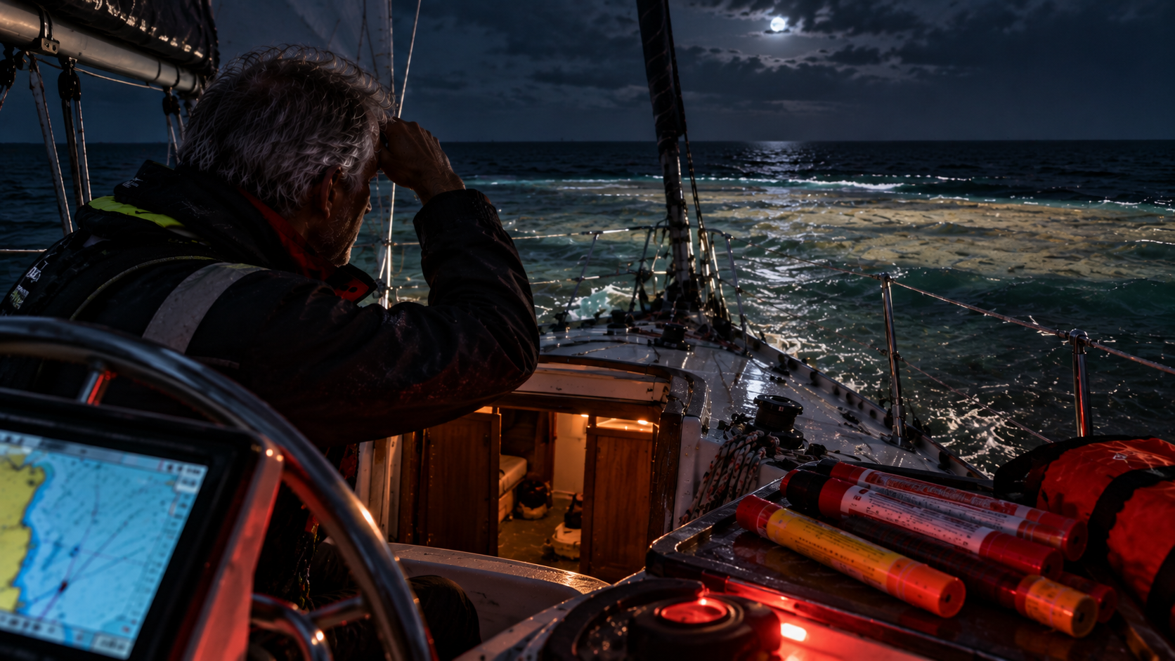 Rote Fallschirm-Signalrakete über einer Yacht bei Nacht