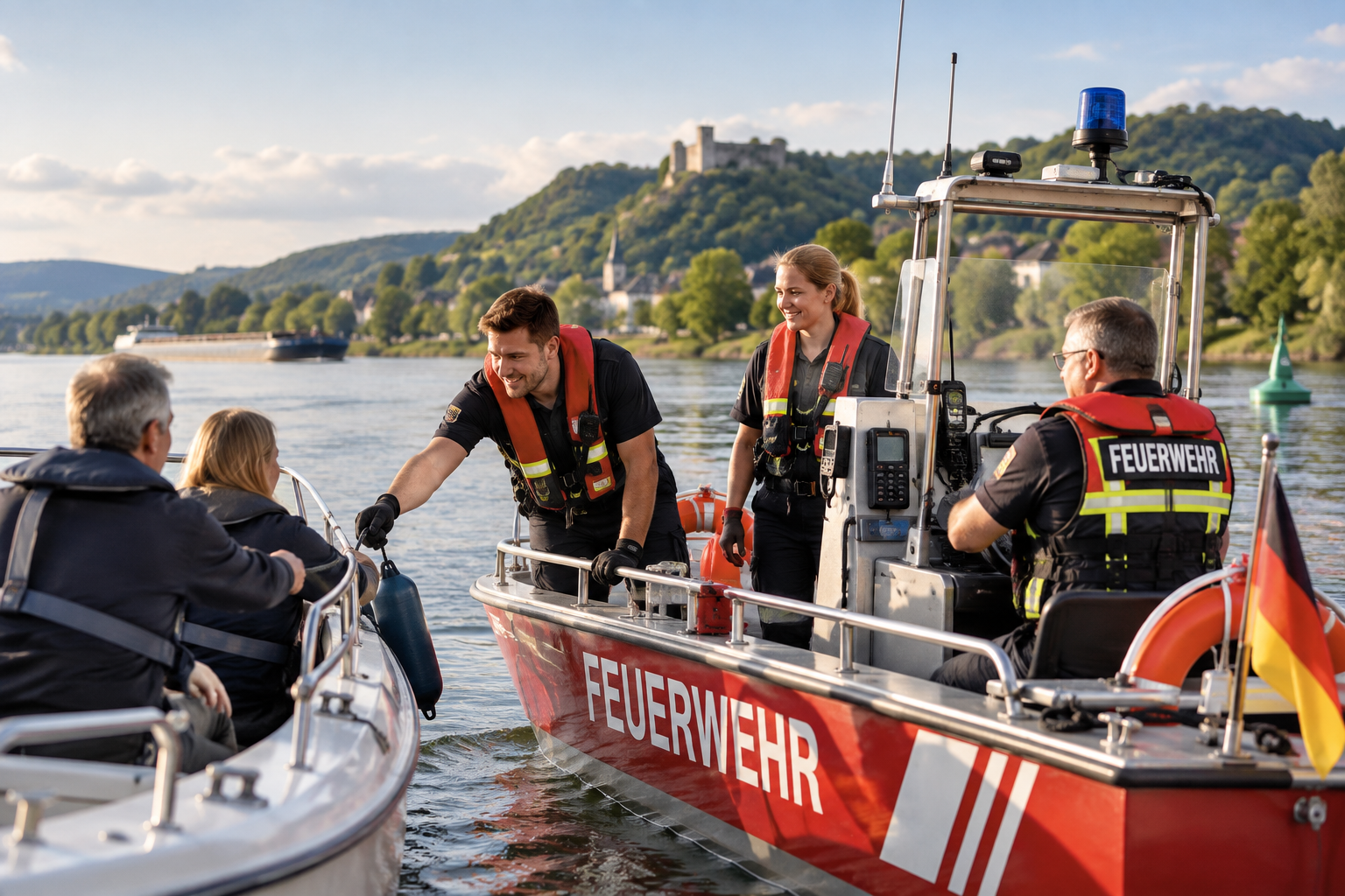 Feuerwehr mit Einsatzboot auf einem Binnengewässer