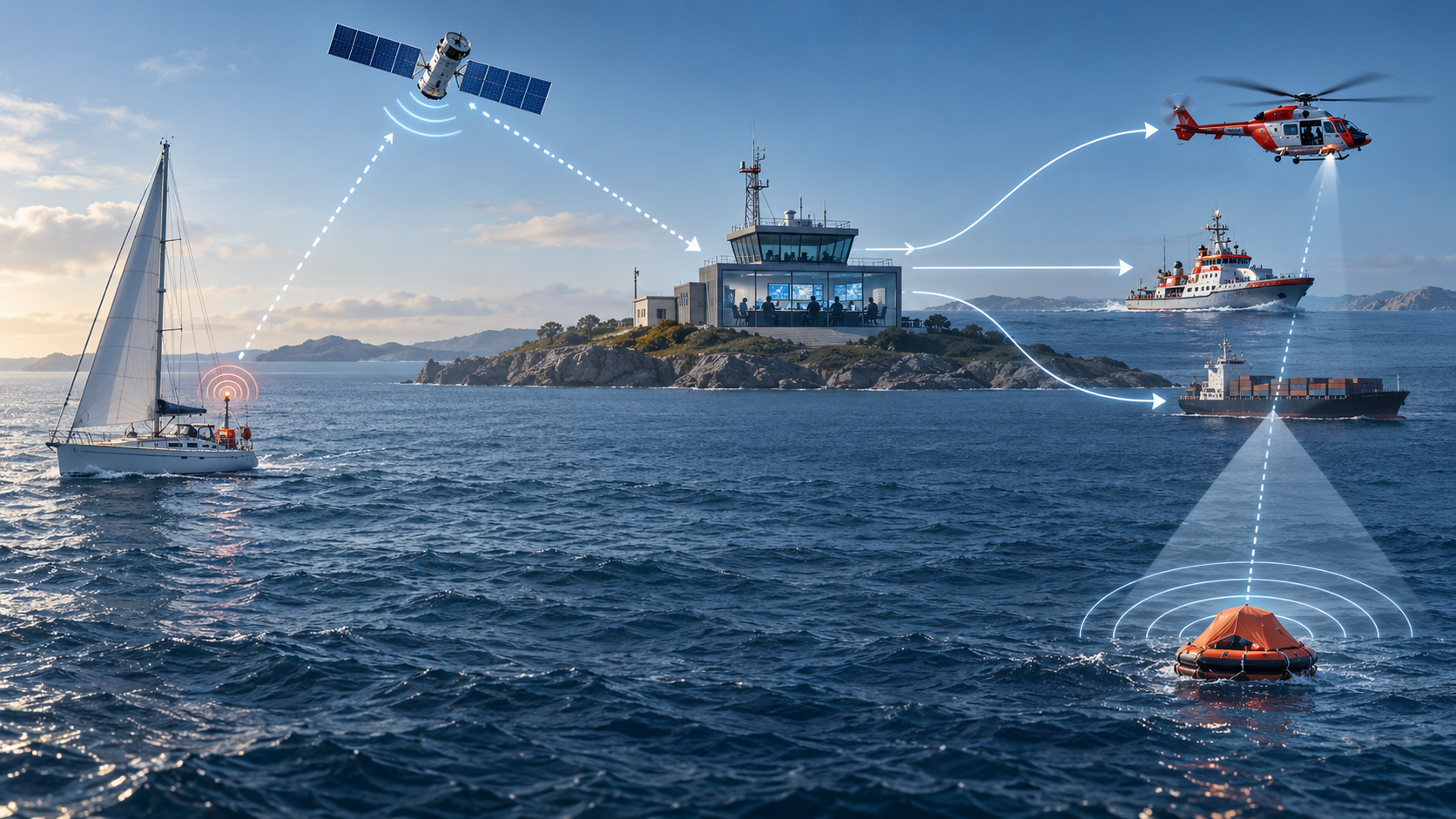 GMDSS Rettungskette mit Yacht, Satellit, Rettungsleitstelle und Rettungseinheiten