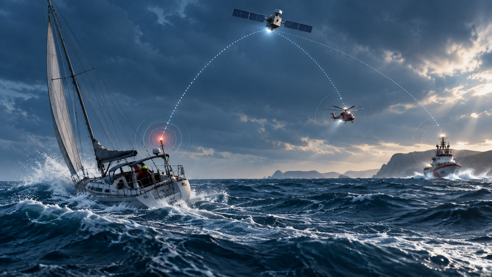 Yacht in Seenot mit Satellitenverbindung und anlaufenden Rettungseinheiten