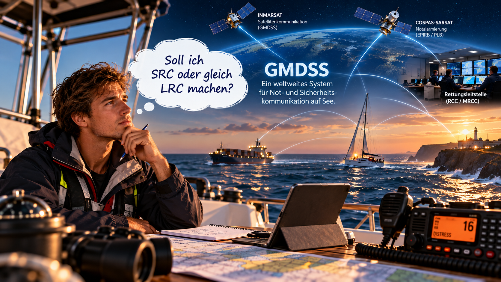 Junger Skipper beschäftigt sich mit GMDSS und der Entscheidung zwischen SRC und LRC