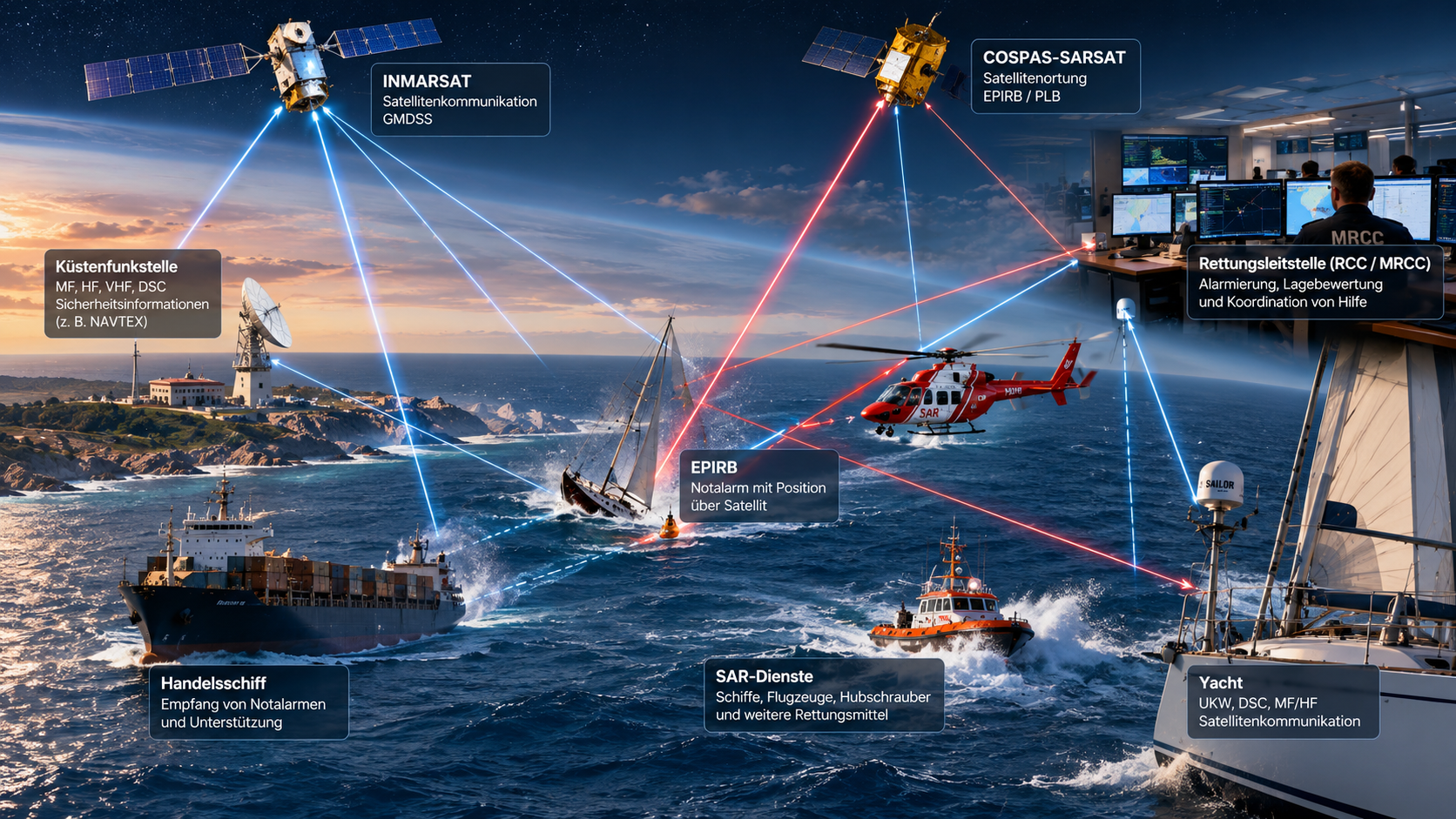 GMDSS Übersicht mit Yacht, Küstenfunkstelle, Satelliten, EPIRB, Rettungsleitstelle und SAR-Diensten