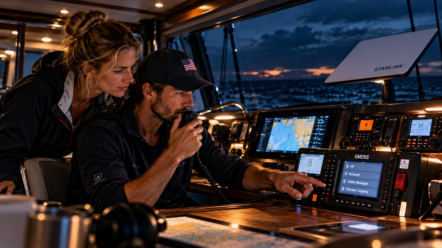 Skipper und Begleitung am Funkplatz einer Yacht mit Starlink und GMDSS-Kommunikation