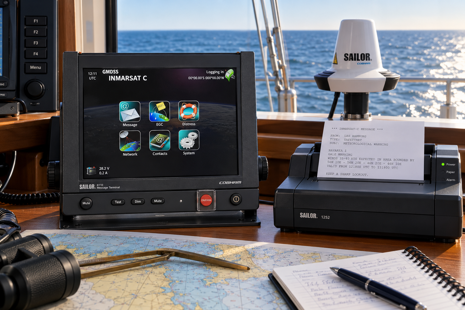 SAILOR Inmarsat-C Terminal mit Mini-C-Antenne und Drucker an Bord