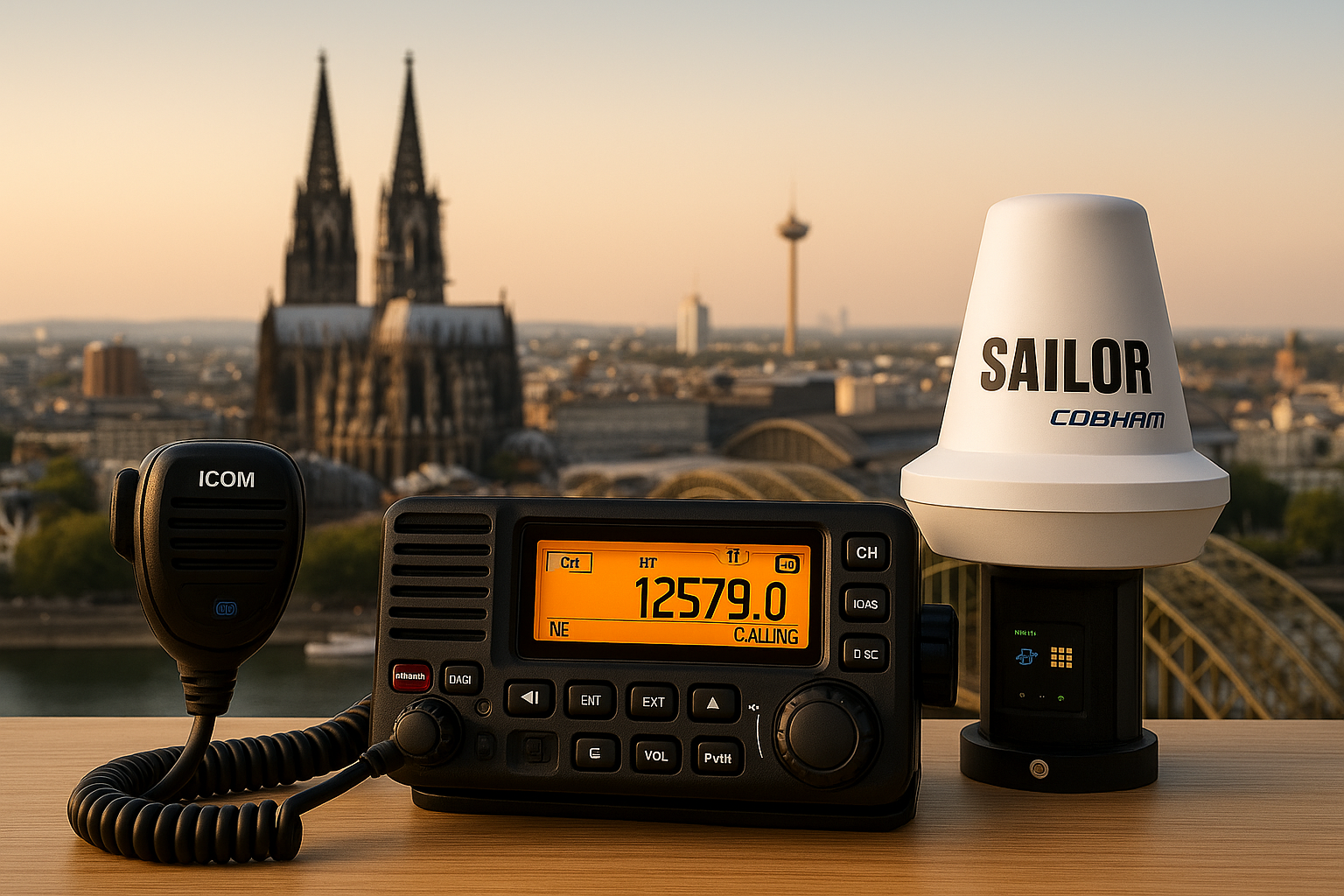Icom UKW-Funkgerät und Sailor Inmarsat-C vor Kölner Dom und Hohenzollernbrücke – SRC Seefunk und LRC Seefunk, Radio Offshore