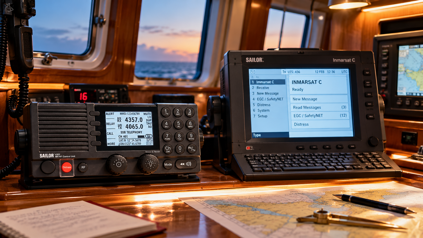 LRC Funkkurs bei Radio Offshore – Sailor Kurzwellenfunkgerät und Inmarsat-C-Terminal unter Deck