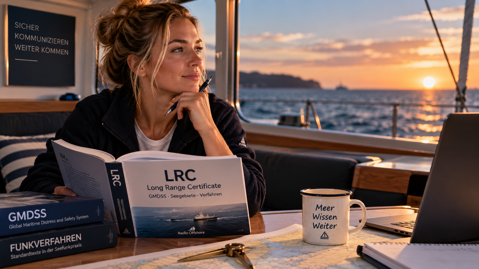 Teilnehmerin bei der Vorbereitung auf die LRC-Prüfung an Bord einer Segelyacht