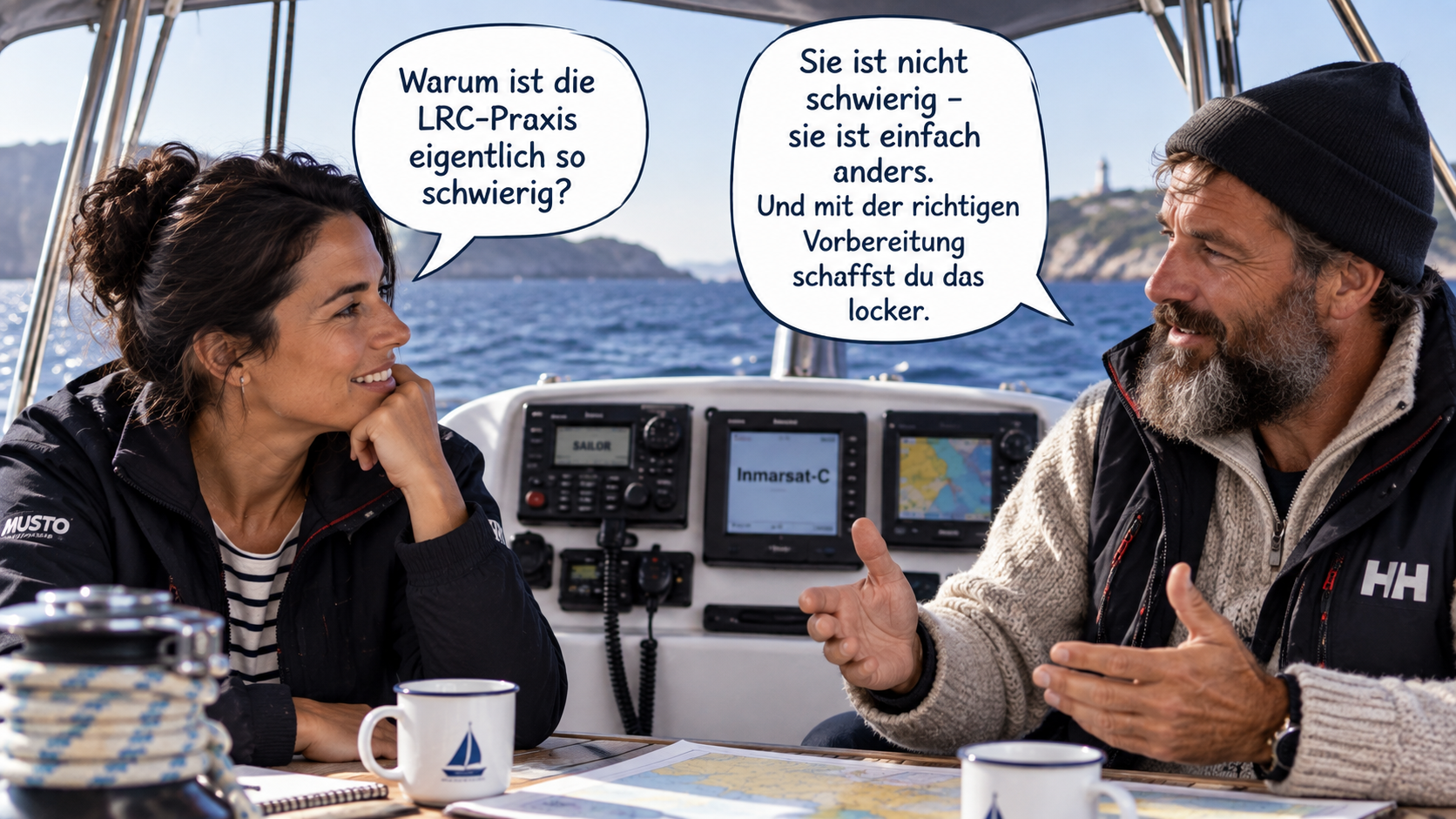 Zwei Segler sprechen an Bord über die praktische LRC-Ausbildung