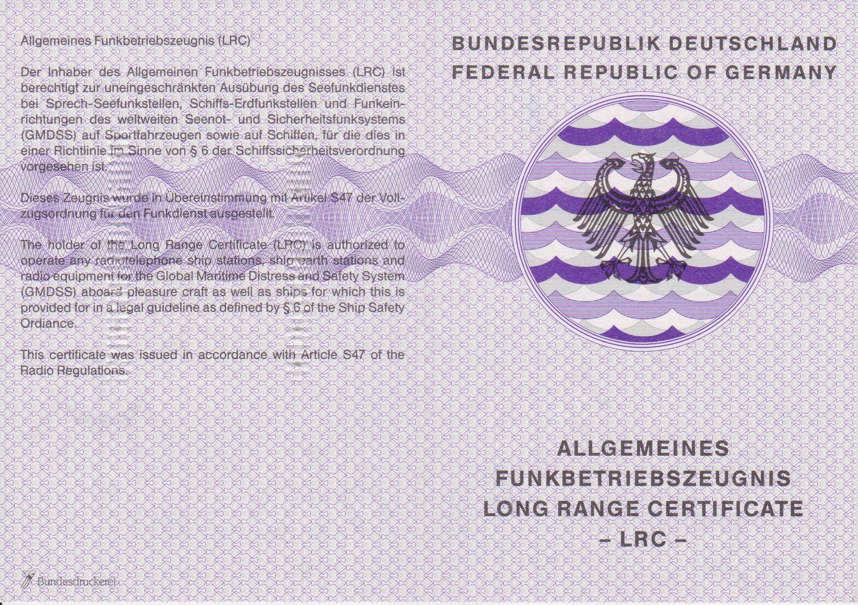 Long Range Certificate (LRC) – amtliches Funkbetriebszeugnis