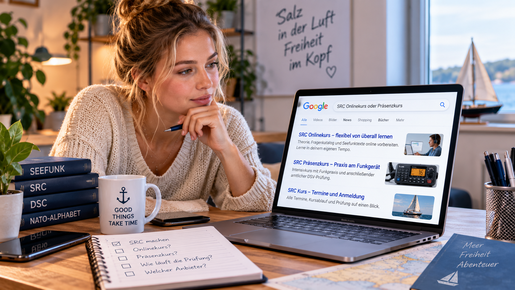 Junge Frau vergleicht zuhause SRC Onlinekurs und Präsenzkurs