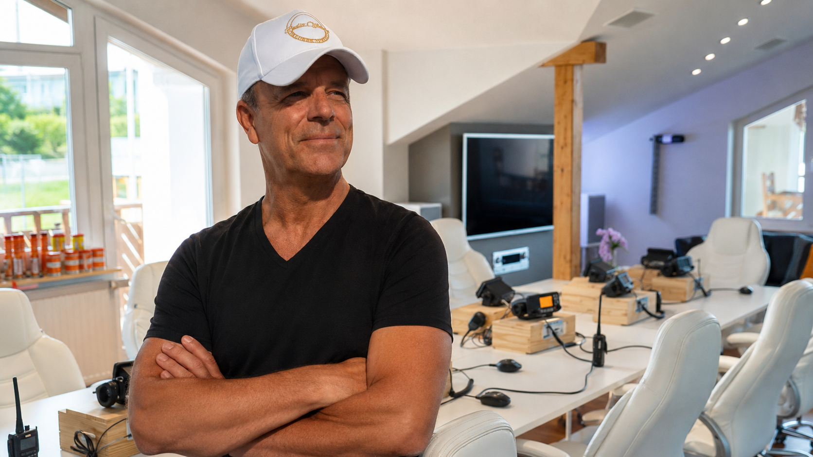 Peter Wörner im Schulungsraum von Radio Offshore mit Funkgeräten