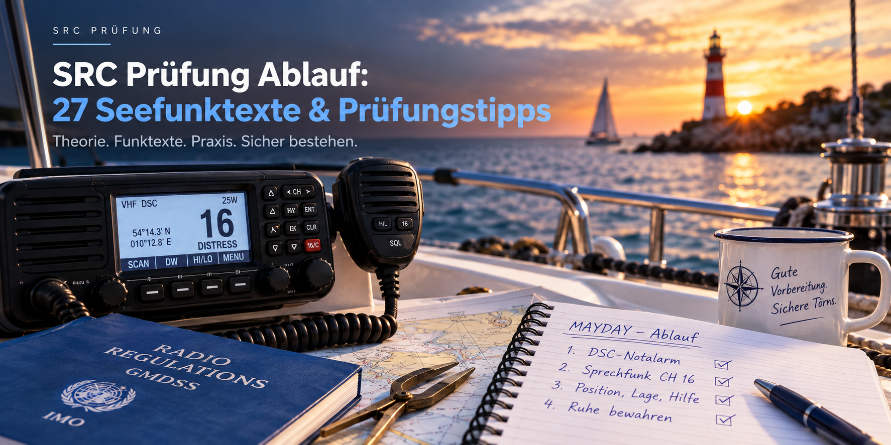 SRC Prüfung Ablauf mit UKW-DSC-Funkgerät, Seefunktexten und Prüfungsvorbereitung