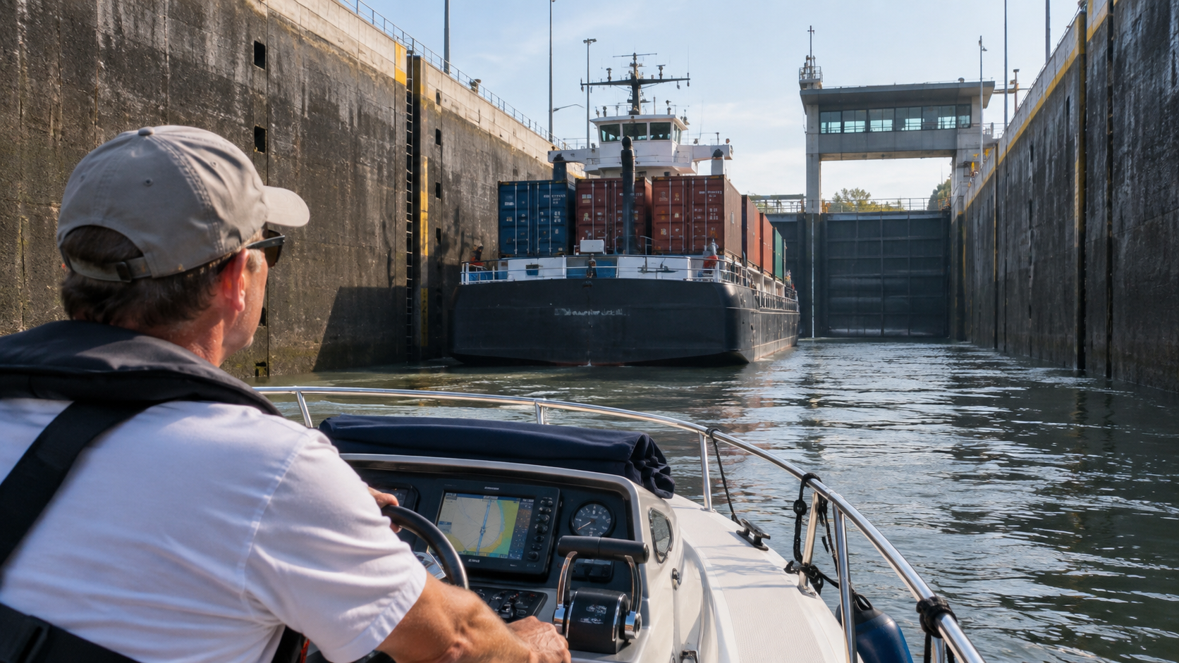 Skipper eines Sportbootes hinter einem großen Berufsschiff in einer Schleuse