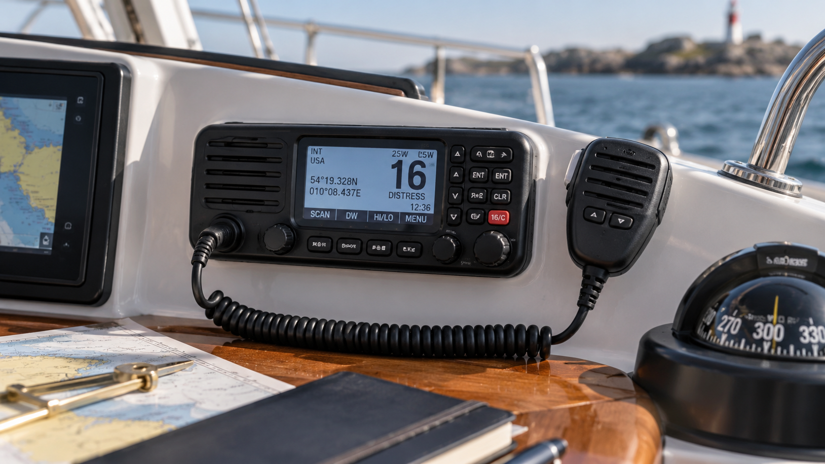 UKW-Funkgerät auf einer Yacht im Seefunkbetrieb