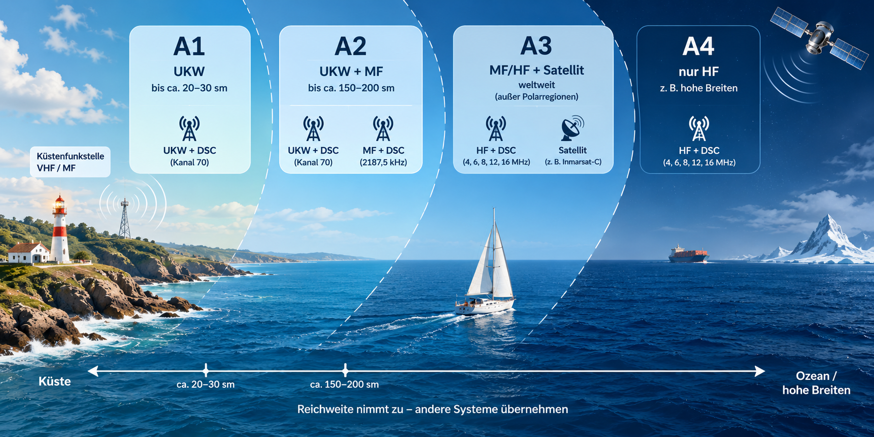 Schematische Darstellung der GMDSS-Seegebiete A1, A2, A3 und A4 mit UKW, MF, HF und Satellitenfunk