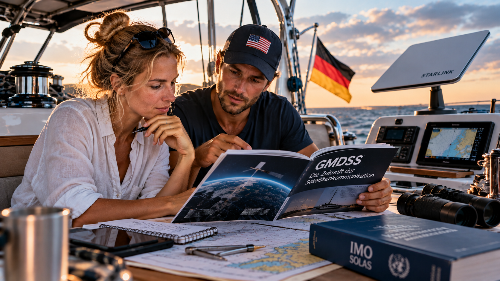 Skipper informieren sich an Bord einer Yacht über Starlink und GMDSS