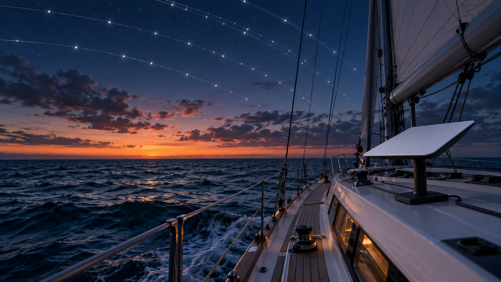 Segelyacht auf See mit Satellitenkommunikation über Starlink