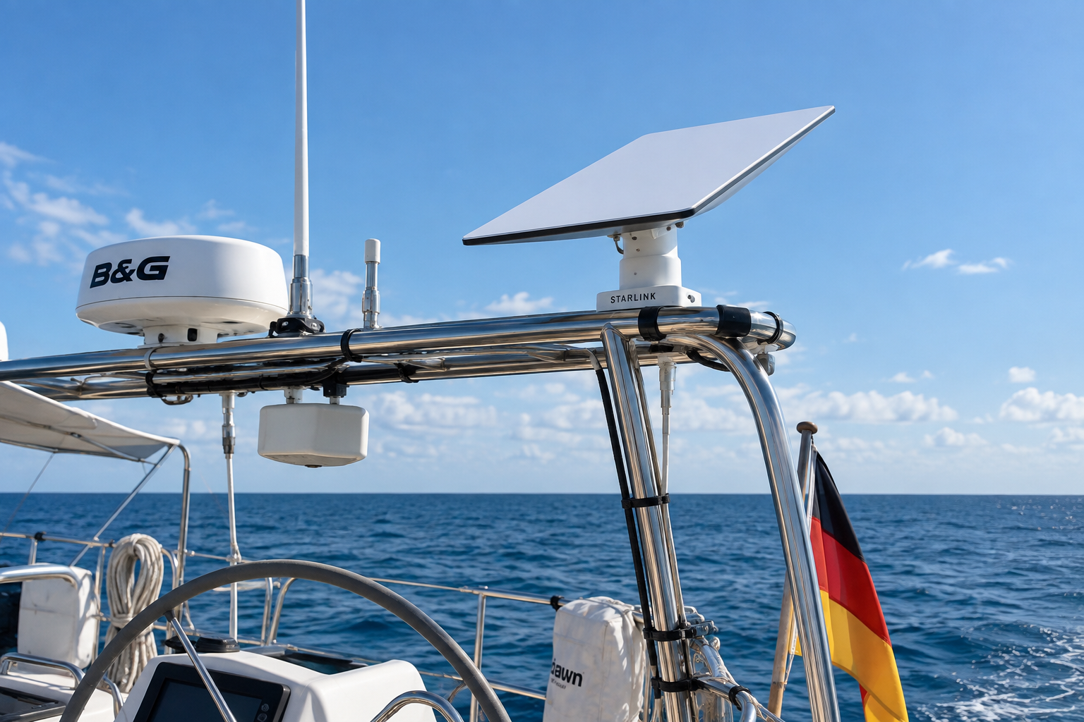Starlink Terminal auf dem Geräteträger einer Segelyacht auf See