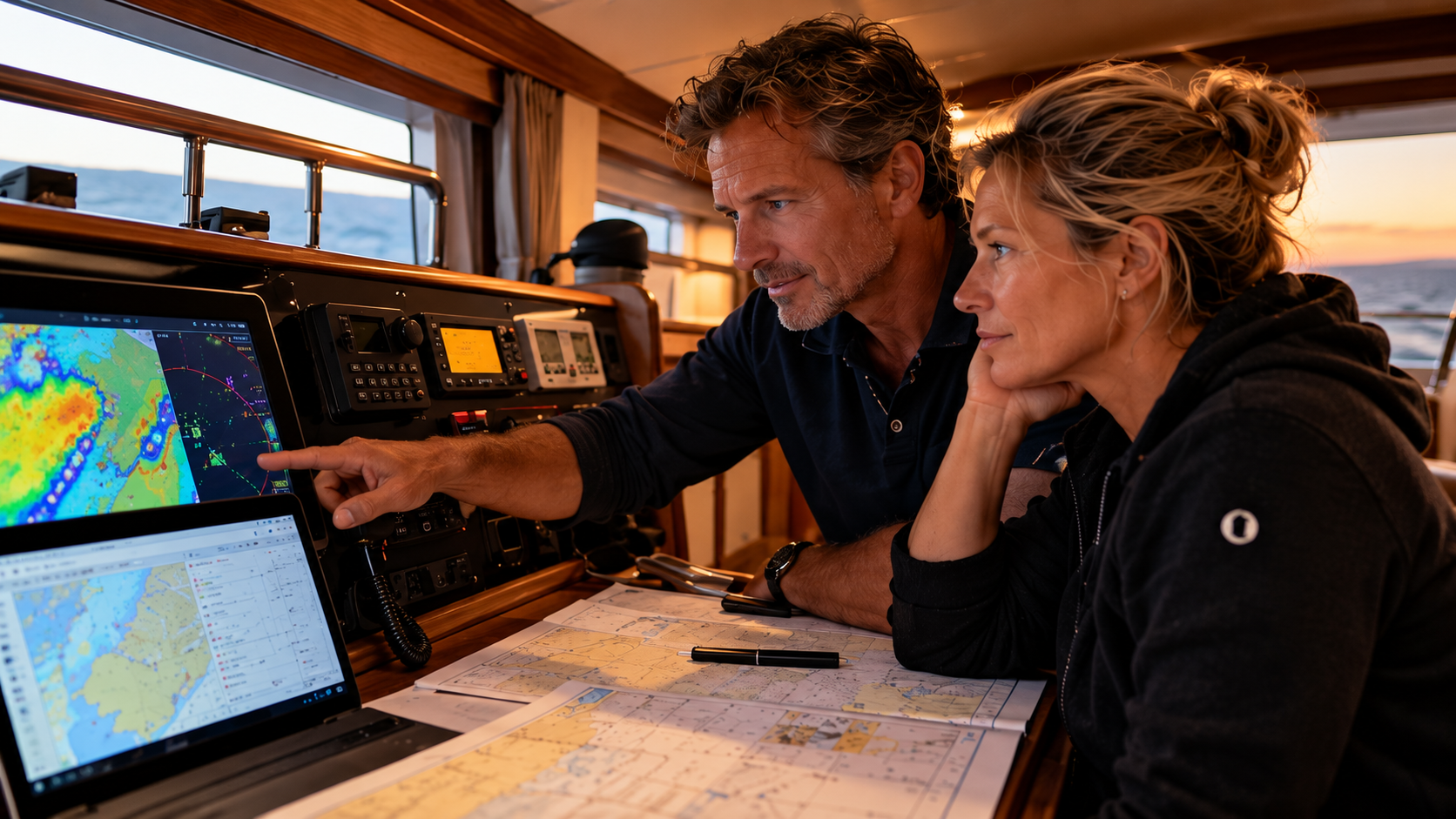 Skipperpaar an der Navigation einer Hochseeyacht bei der Planung von Kommunikation und Sicherheit auf See