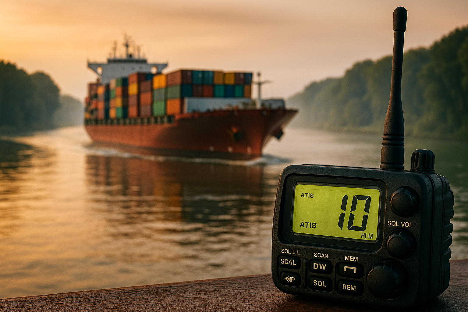 Großes Containerschiff auf einem Fluss bei Morgengrauen; im Vordergrund ein Binnenfunkgerät – Symbol für UBI-Prüfung mit praxisnaher Vorbereitung - geringe UBI Durchfallquote.
