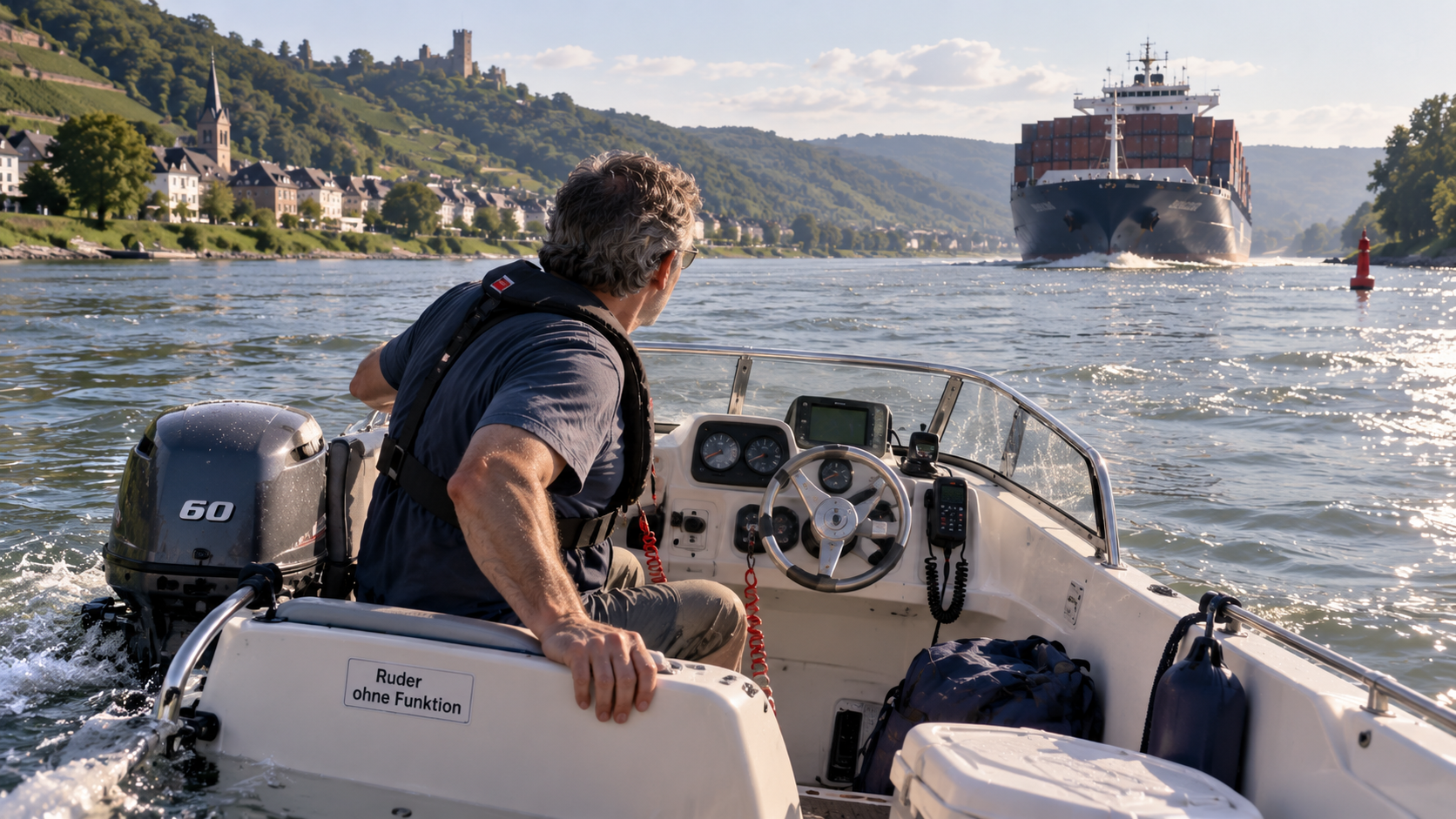 Manövrierunfähiges Sportboot auf dem Rhein mit entgegenkommendem Binnenschiff