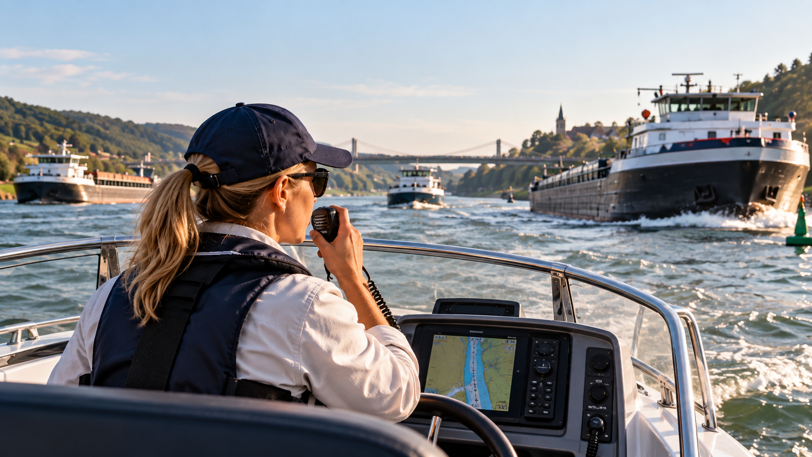 Kapitänin eines Motorbootes beim Binnenschifffahrtsfunk in dichtem Schiffsverkehr auf einem Fluss